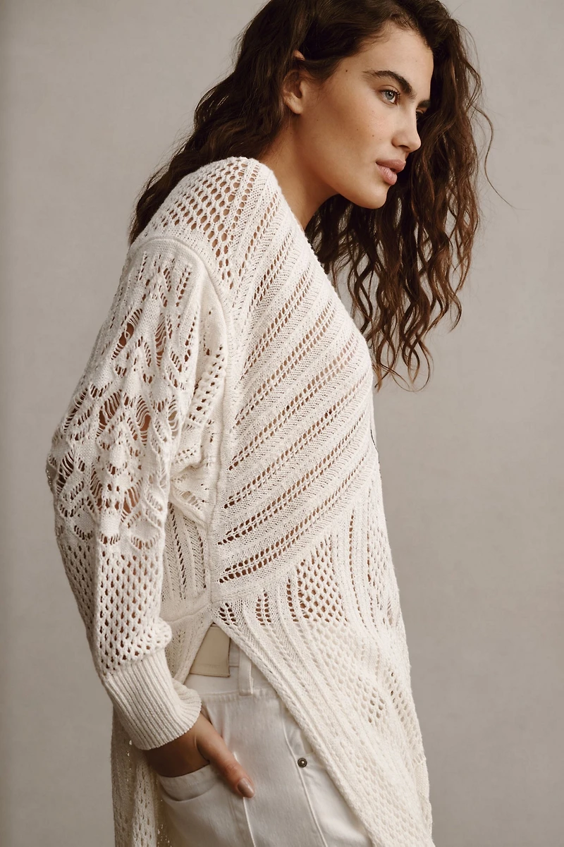 Open-Stitch Side-Slit Tunic Sweater