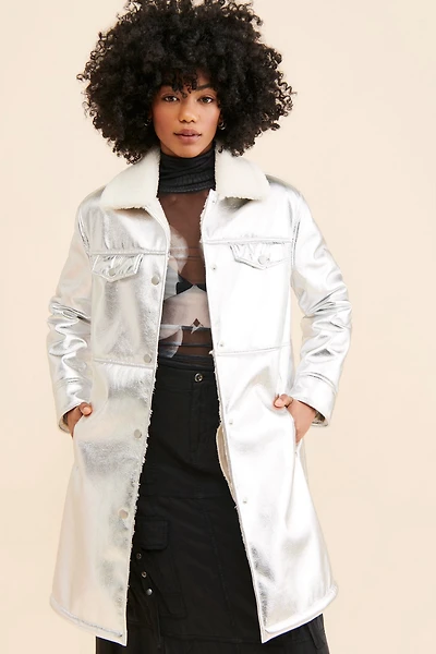 Avec Les Filles Sherpa Collar Metallic Long Coat