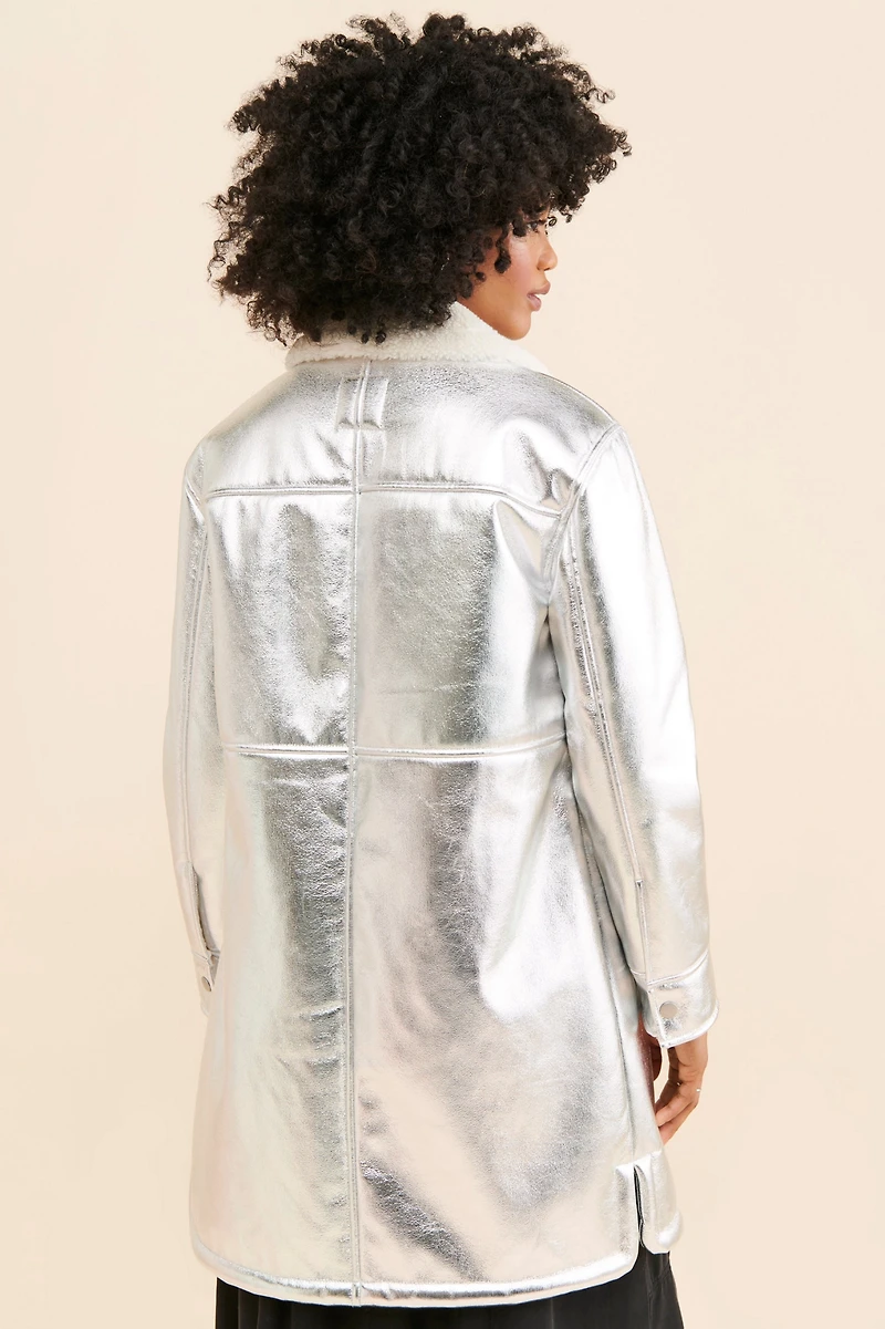 Avec Les Filles Sherpa Collar Metallic Long Coat