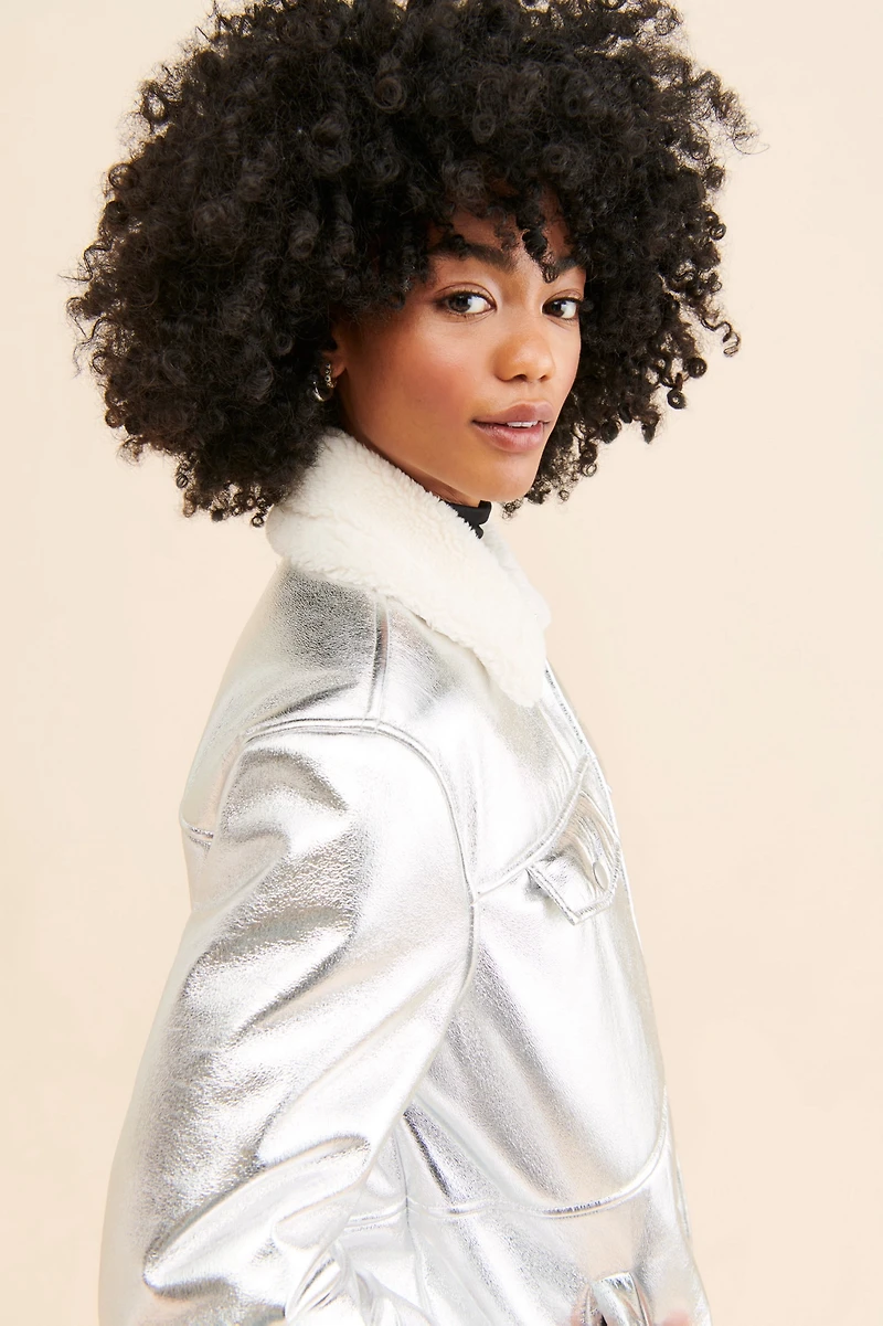 Avec Les Filles Sherpa Collar Metallic Long Coat