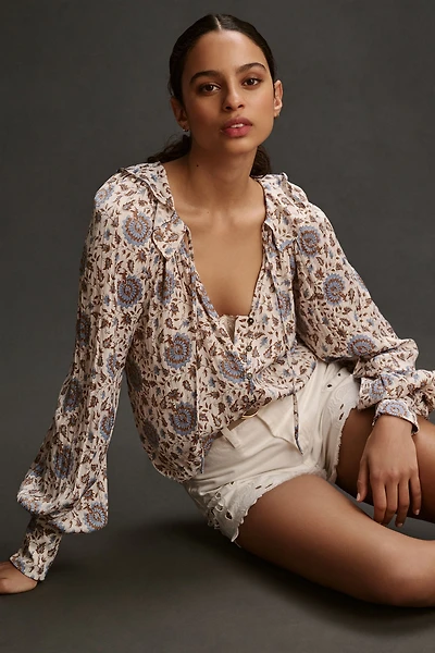 Button-Front Peasant Blouse