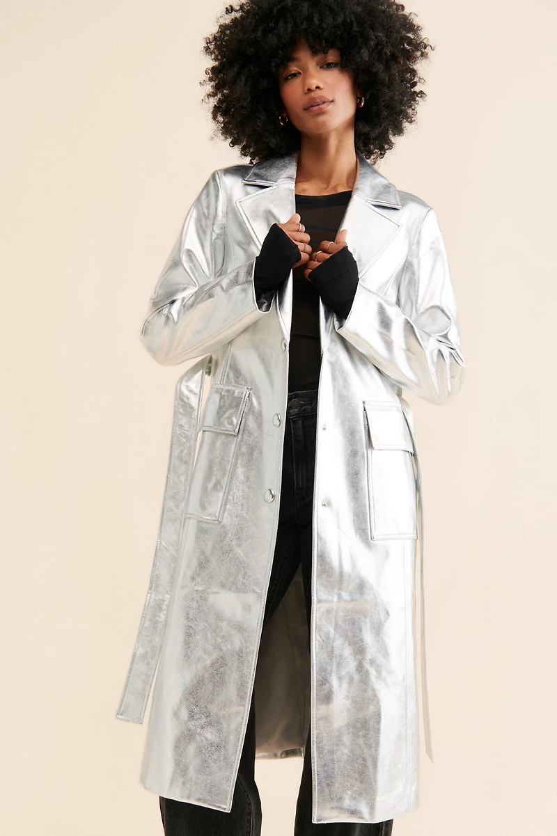 Avec Les Filles Metallic Vegan Leather Trench Coat