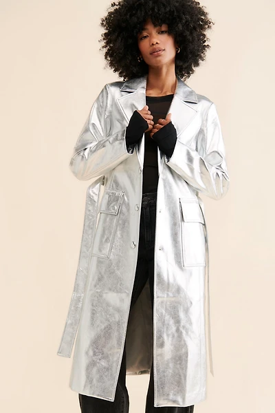 Avec Les Filles Metallic Vegan Leather Trench Coat