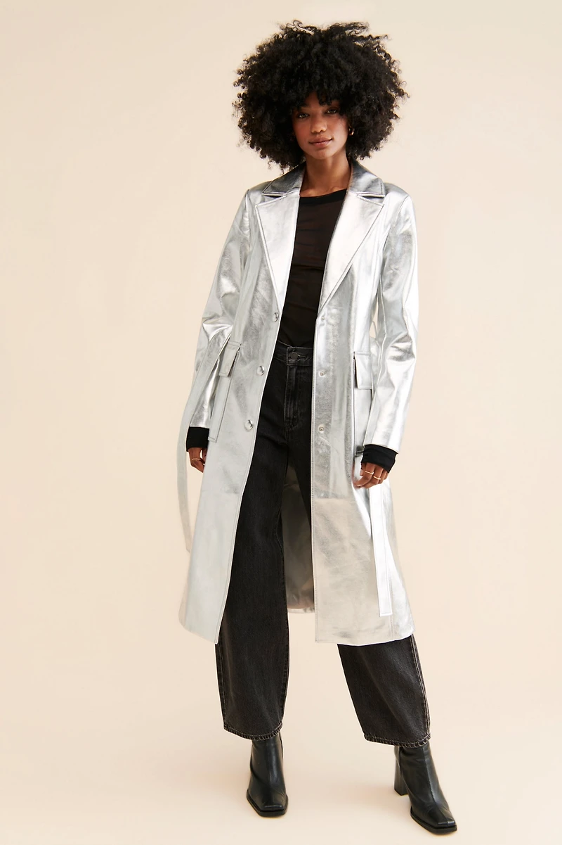 Avec Les Filles Metallic Vegan Leather Trench Coat