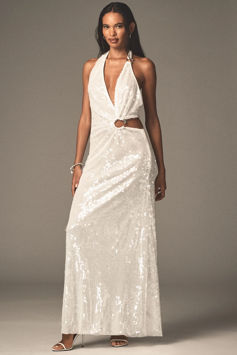 MISHA Devon Asymmetric Plunge Cutout Sequin Maxi Dress