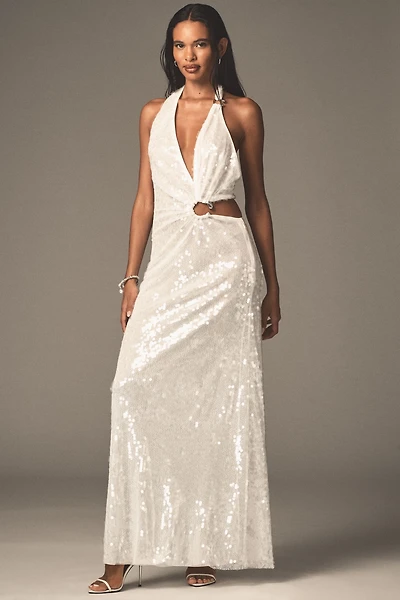 MISHA Devon Asymmetric Plunge Cutout Sequin Maxi Dress