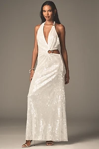 MISHA Devon Asymmetric Plunge Cutout Sequin Maxi Dress