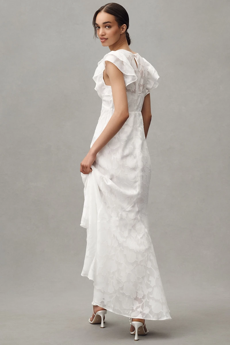 BHLDN Flutter-Sleeve V-Neck Floral Chiffon A-Line Maxi Dress