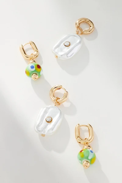 Pearl & Glass Charm Huggie Hoop Earrings, Set of 2
