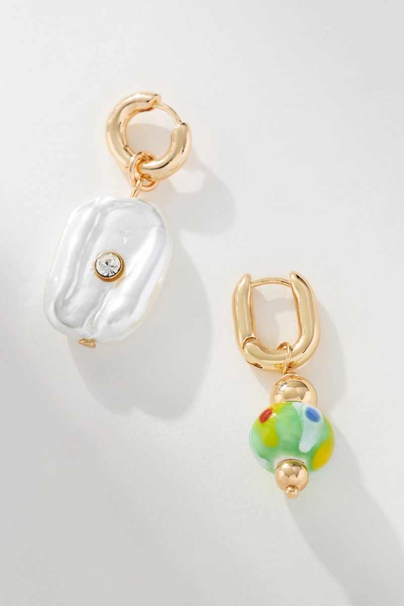 Pearl & Glass Charm Huggie Hoop Earrings, Set of 2