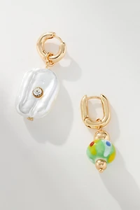 Pearl & Glass Charm Huggie Hoop Earrings, Set of 2