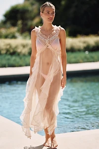 Ollari Sheer Chiffon Ruffle Maxi Slip Dress