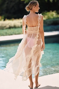 Ollari Sheer Chiffon Ruffle Maxi Slip Dress