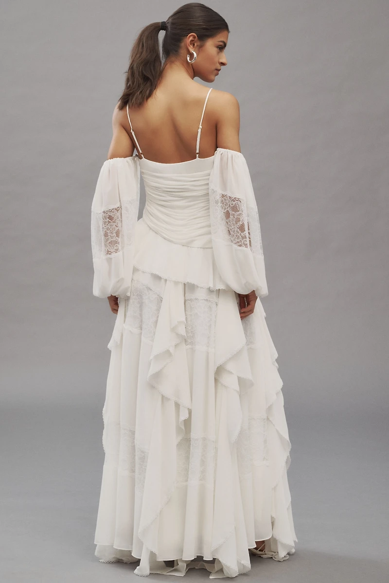BHLDN Removable Sleeve Lace Chiffon Ruffled Maxi Dress