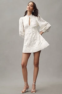 BHLDN Long-Sleeve High-Neck Floral A-Line Mini Dress