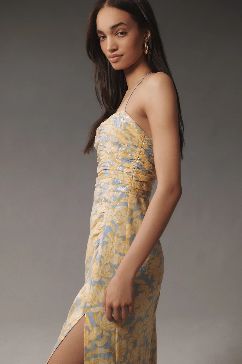 Hutch Tylia Sleeveless Ruched Side-Slit Sequin Maxi Dress