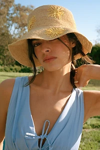 San Diego Hat Co. Floral Embroidered Straw Bucket Hat