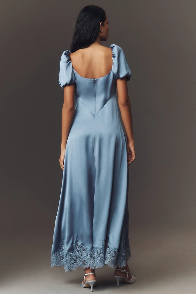 Mare Puff-Sleeve Square-Neck Satin Maxi Dress at MarketFair Shoppes in  Princeton, NJ