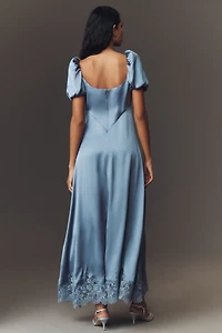 Mare Puff-Sleeve Square-Neck Satin Maxi Dress