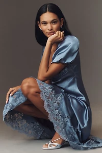 Mare Puff-Sleeve Square-Neck Satin Maxi Dress