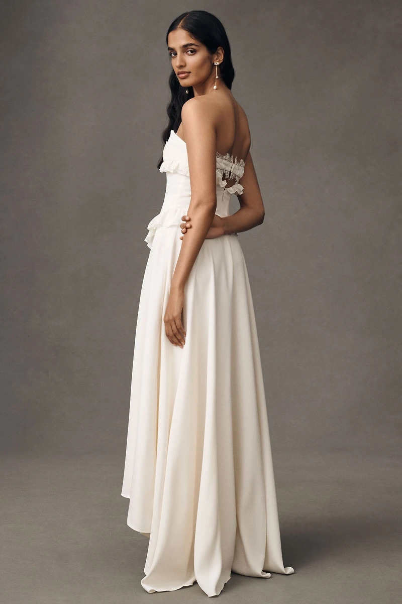 For Love & Lemons Harmony Silk Strapless Corset Drop-Waist High-Low Maxi Dress