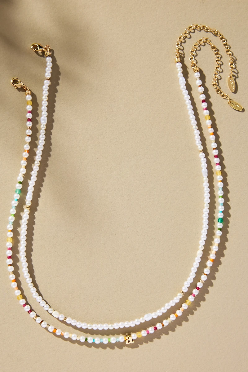 Pearl Beaded Bubble Letter Lowercase Monogram Necklaces, Set of 2