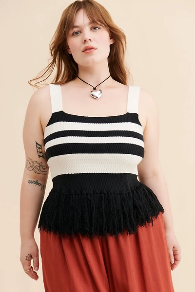 Eloquii Striped Knitted Fringe Hem Tank