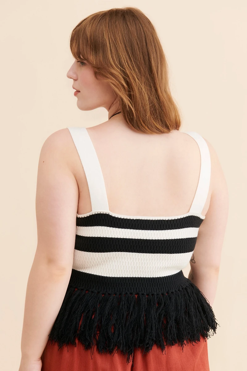 Eloquii Striped Knitted Fringe Hem Tank