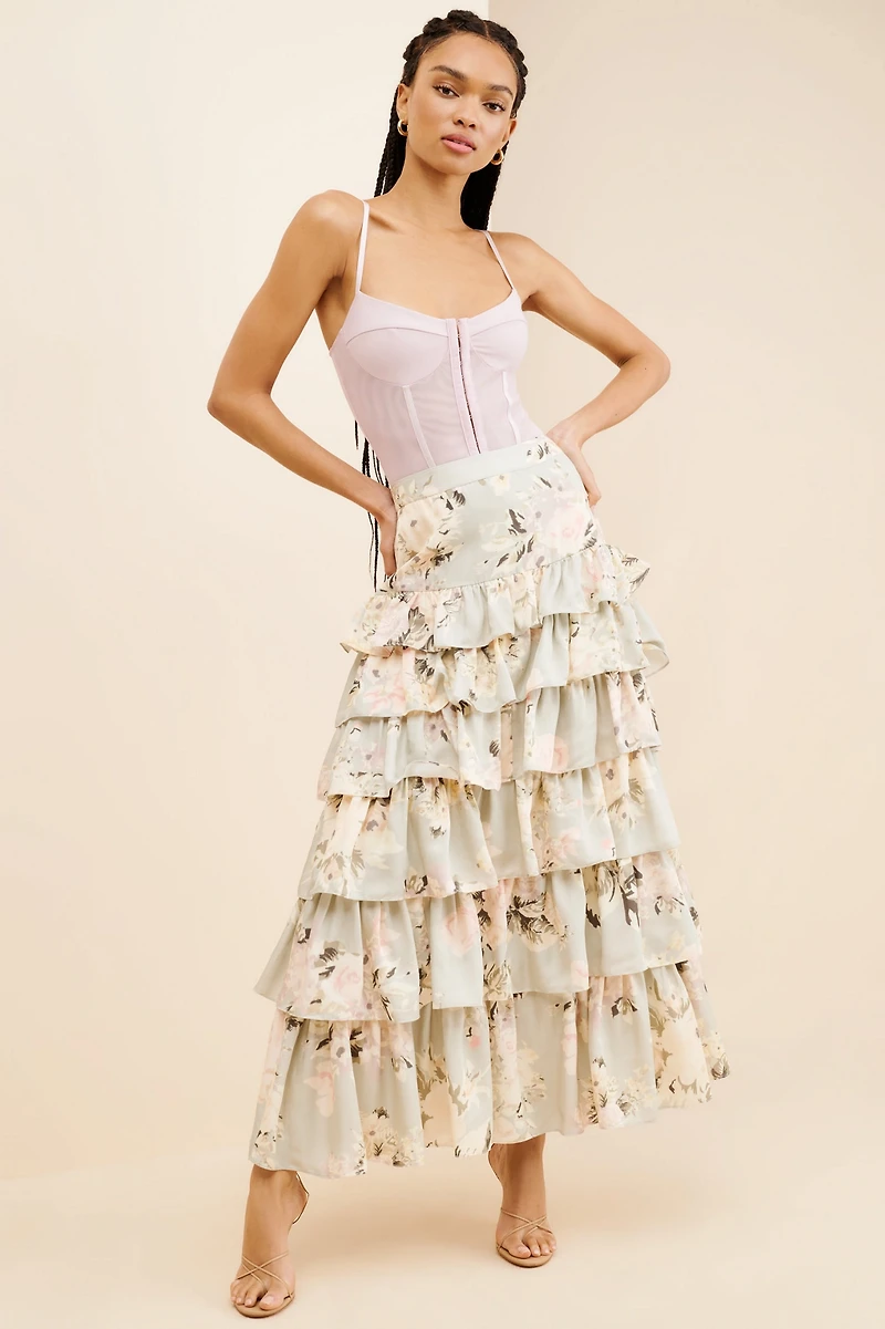 Geisha Designs Tiered Floral Maxi Skirt