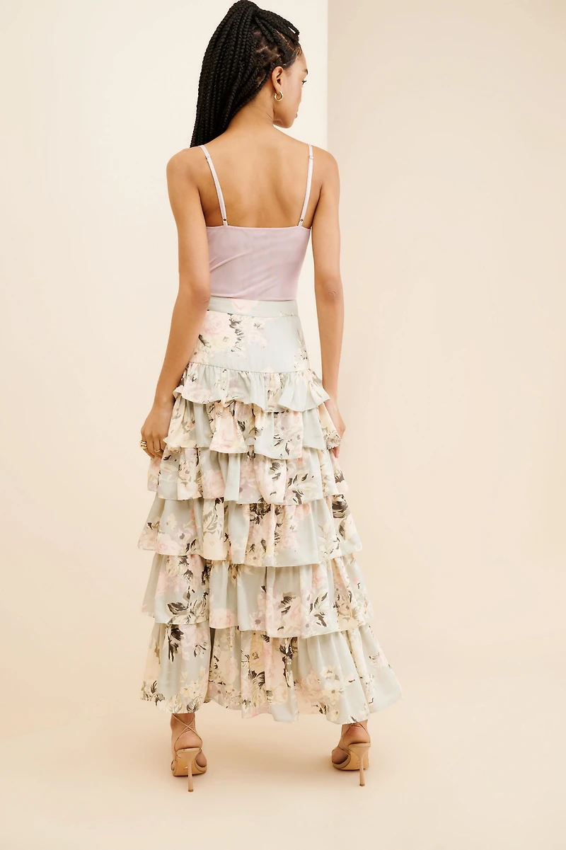 Geisha Designs Tiered Floral Maxi Skirt