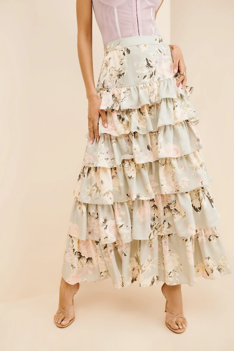 Geisha Designs Tiered Floral Maxi Skirt