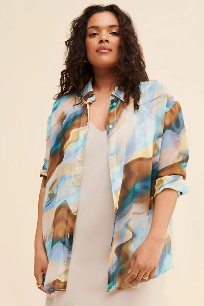Eloquii Printed Chiffon Button-Up