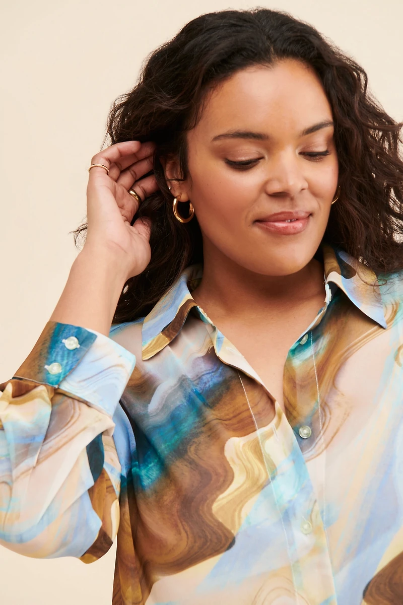 Eloquii Printed Chiffon Button-Up