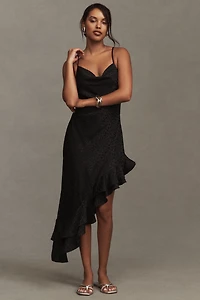 BHLDN Mila Asymmetrical Cheetah Satin Jacquard Midi Dress