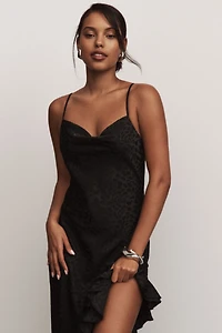 BHLDN Mila Asymmetrical Cheetah Satin Jacquard Midi Dress