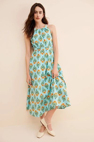 Moon River Sleeveless Floral Print Midi Dress