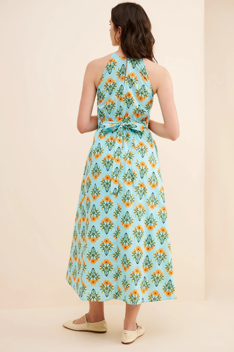 Moon River Sleeveless Floral Print Midi Dress