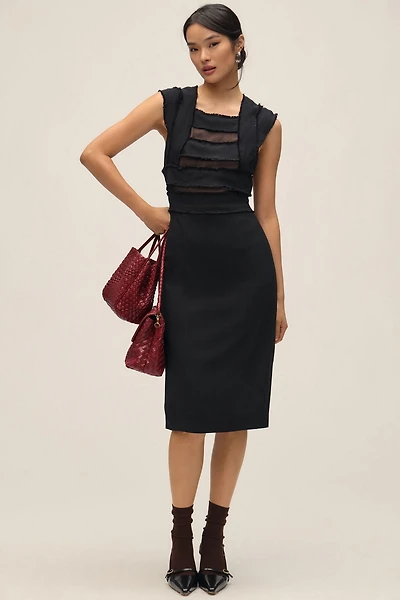 Cap-Sleeve Mesh Panel Slim Midi Dress