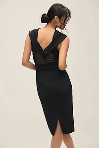 Cap-Sleeve Mesh Panel Slim Midi Dress