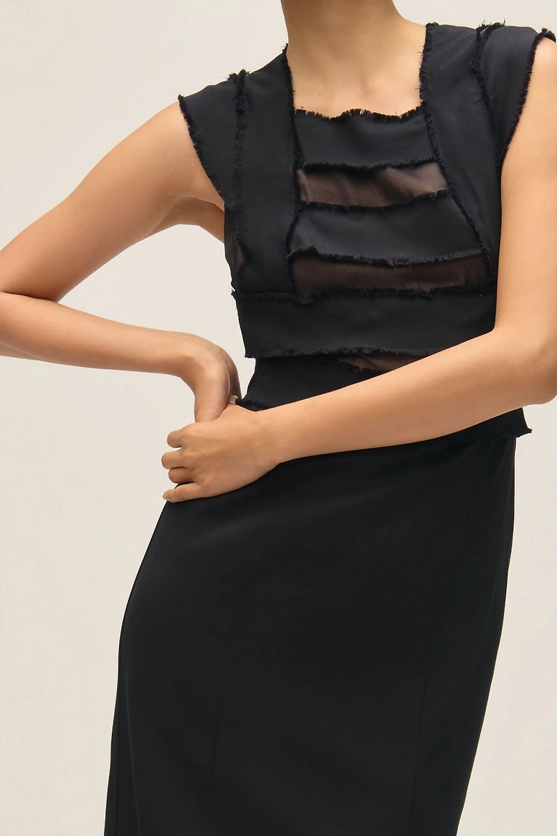 Cap-Sleeve Mesh Panel Slim Midi Dress