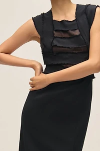 Cap-Sleeve Mesh Panel Slim Midi Dress