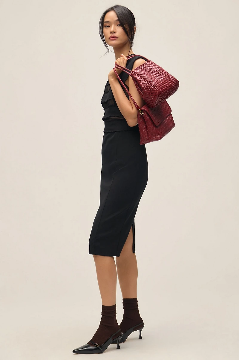 Cap-Sleeve Mesh Panel Slim Midi Dress