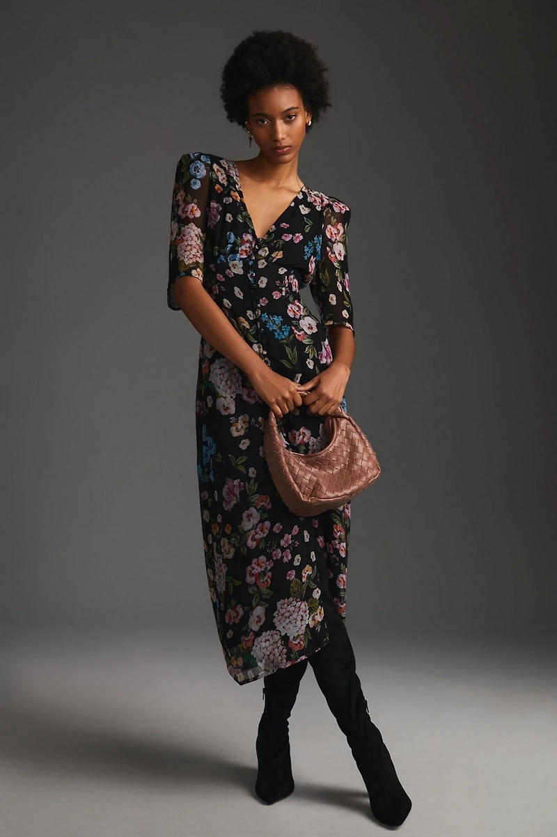 Maeve Puff-Sleeve Floral Midi Dress