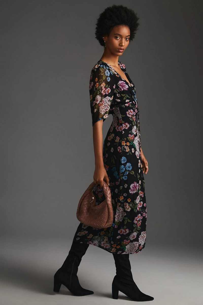 Maeve Puff-Sleeve Floral Midi Dress
