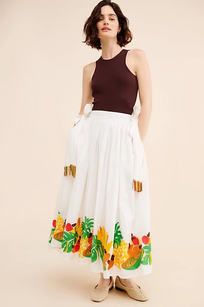 FARM Rio Embroidered Fruits Side Bow Midi Skirt