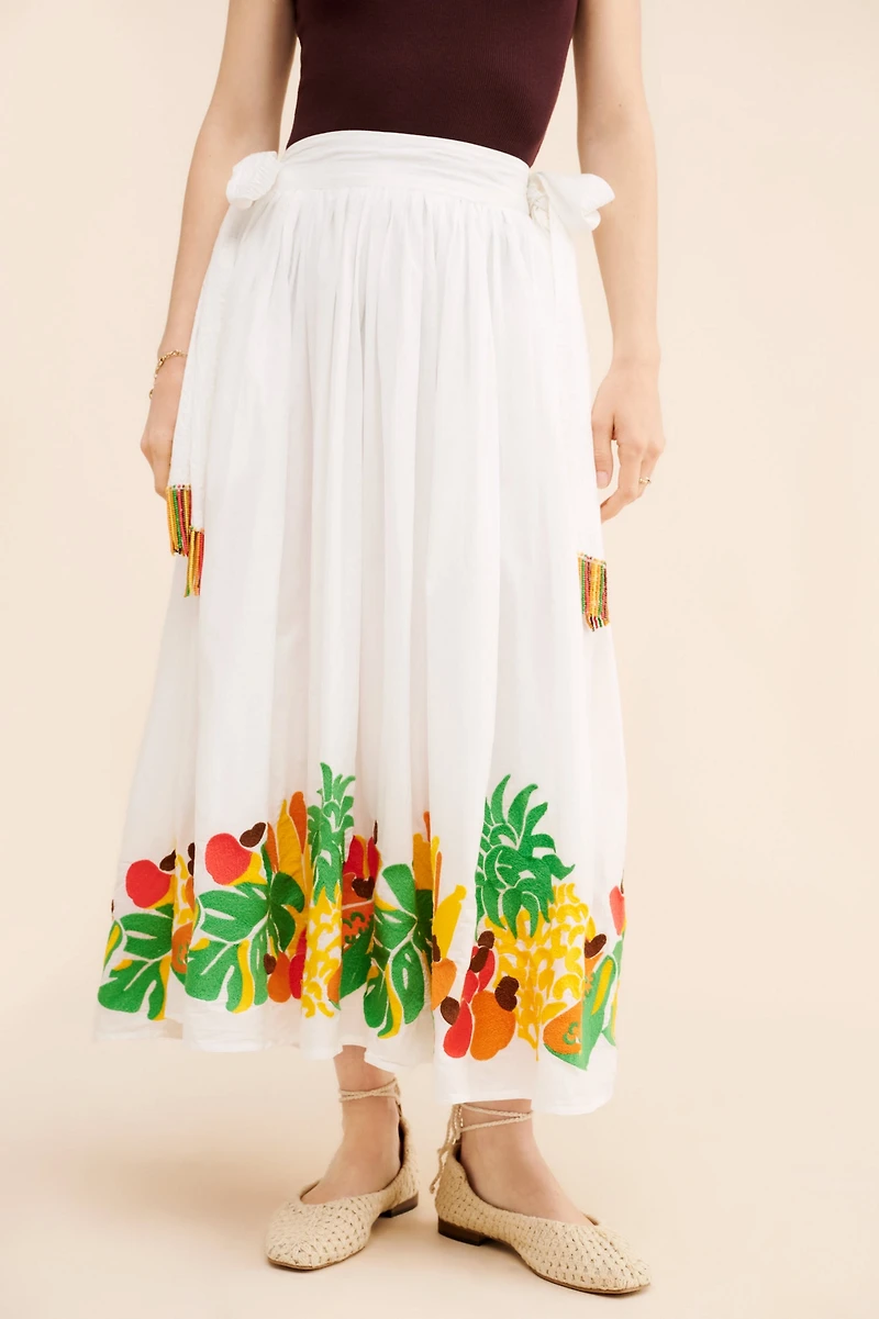 FARM Rio Embroidered Fruits Side Bow Midi Skirt