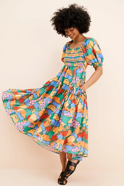 FARM Rio Fruit Landscape Short Sleeve Dress