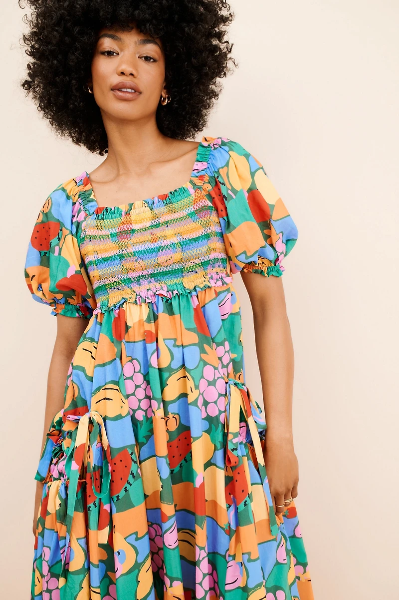 FARM Rio Fruit Landscape Short Sleeve Dress