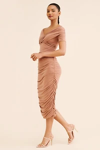 Off-The-Shoulder Ruched Slim Midi Dress