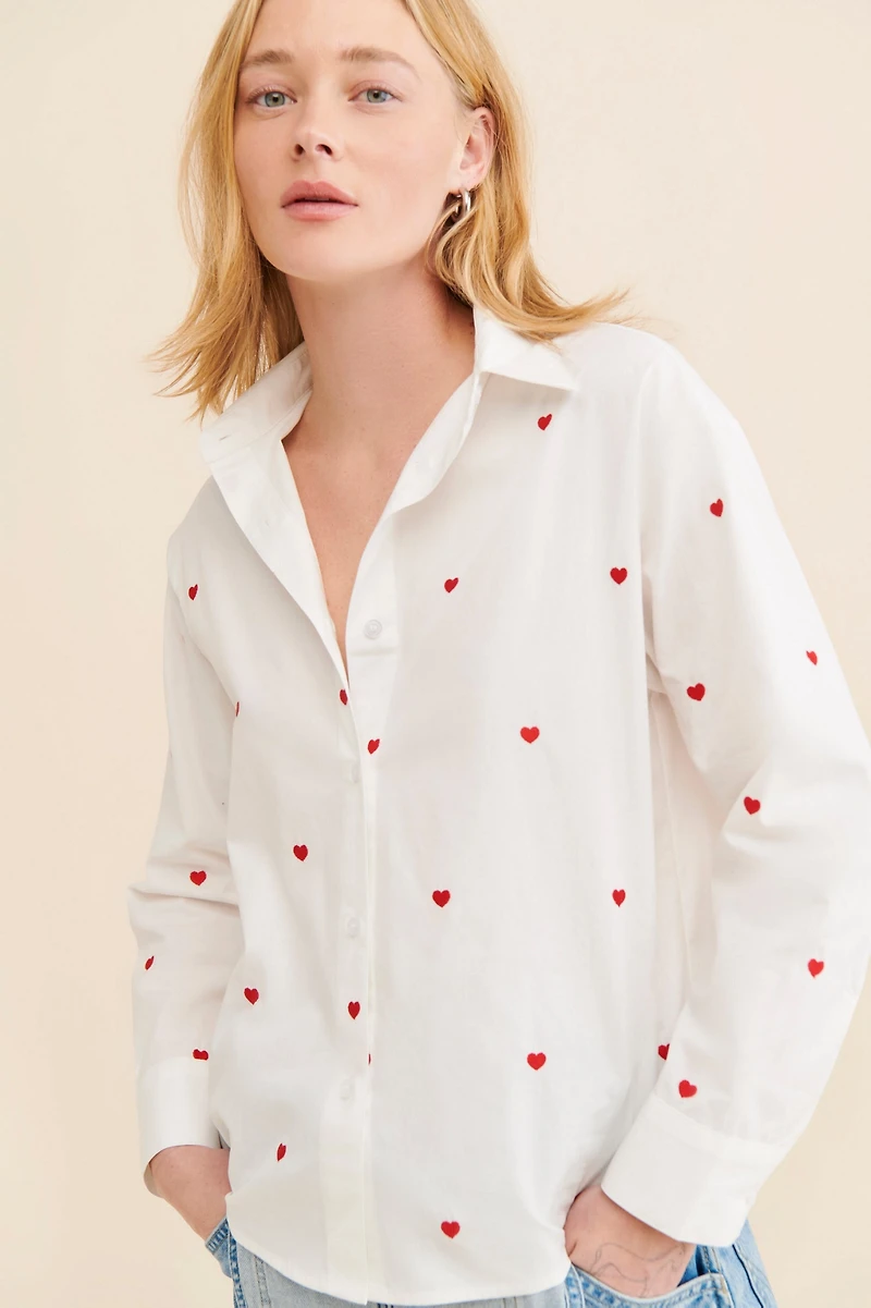 Flat White Embroidered Buttondown Long Sleeve Top